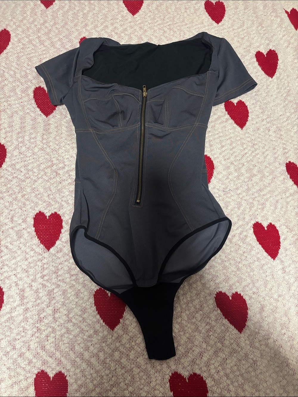 Zip-Front Off-Shoulder Shaping Bodysuit in Dark Gray